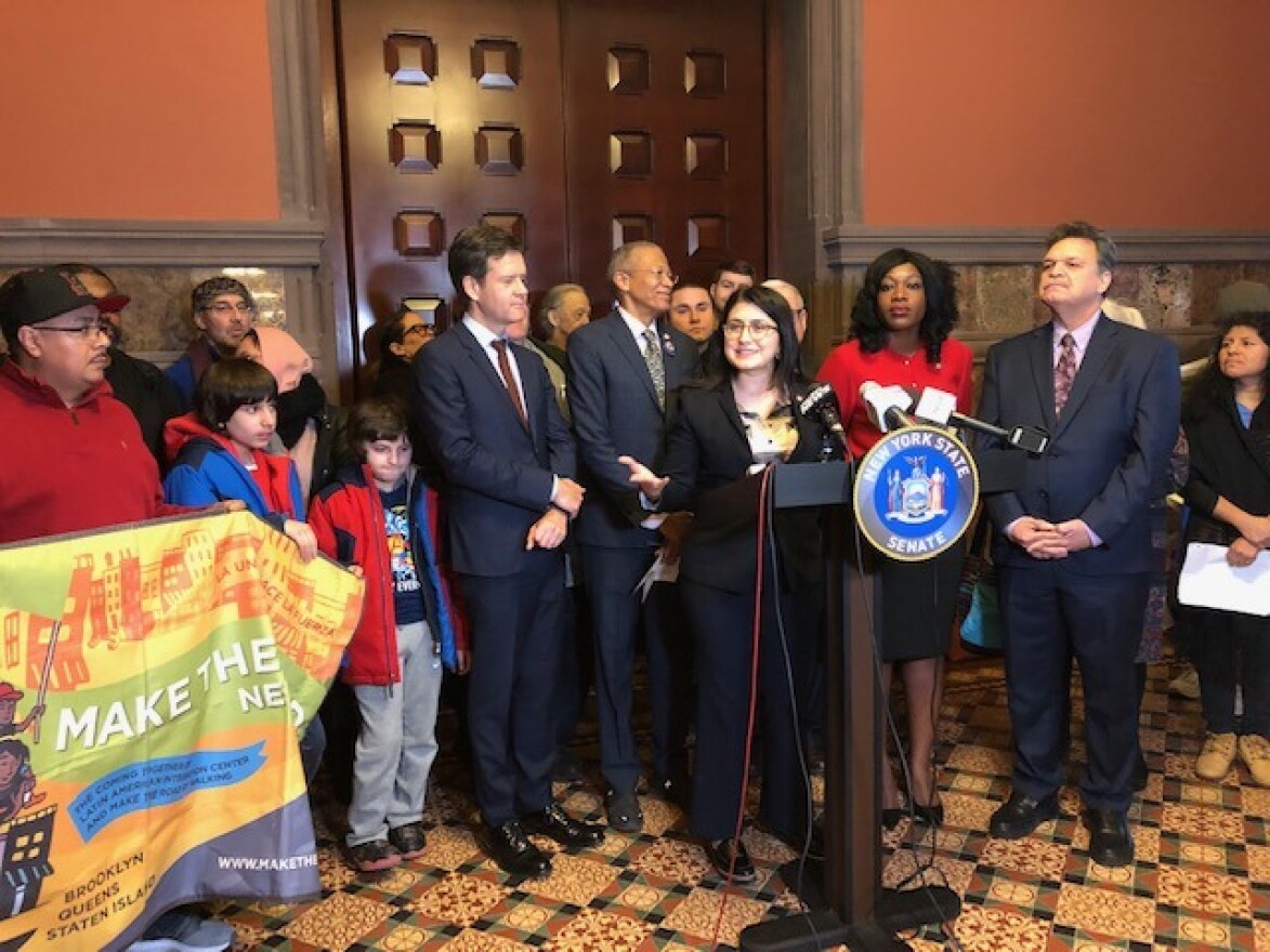 Senator Jessica Ramos, and school funding advocates rally at the Capitol on Tuesday 
